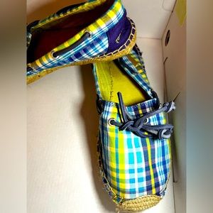 Sperry Top-Sider, blue/green plaid, size 7, fair condition